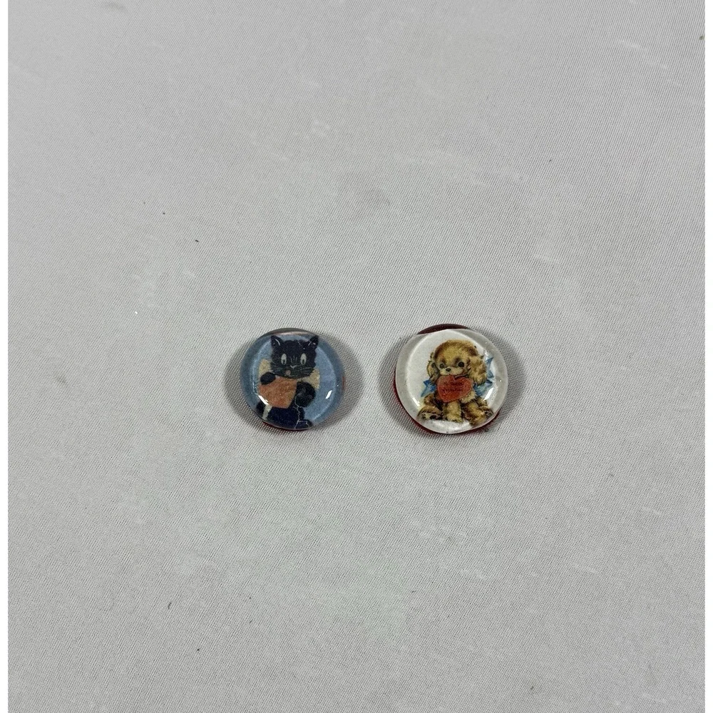 Vintage Small Felt Back‎ Glass Valentine Cat & Dog Pebbles